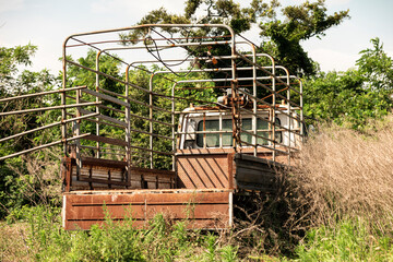 Abandoned truck with the iron fence in the back, Jeju island, South Korea