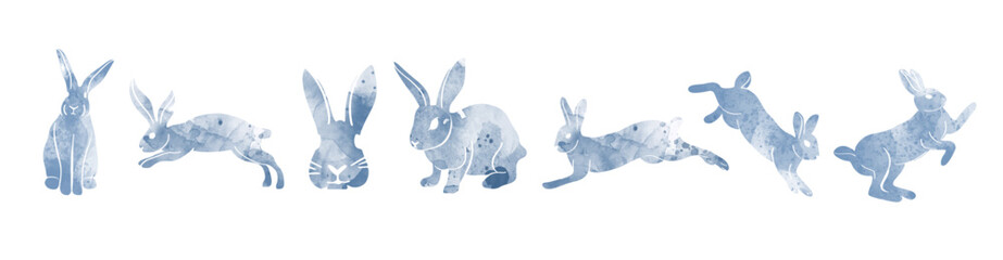 Watercolor style blue rabbit silhouette illustration set.
