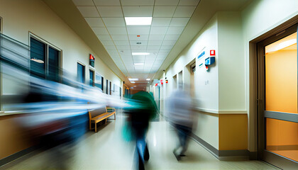 Blured motion in ER of hospital, doctors and nurce in hallway, ai generated
