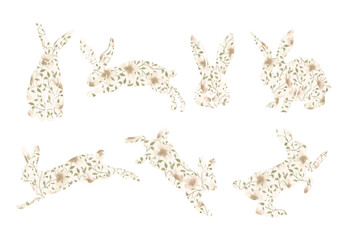 Watercolor style rabbit silhouette illustration set with spring blossom flowers.