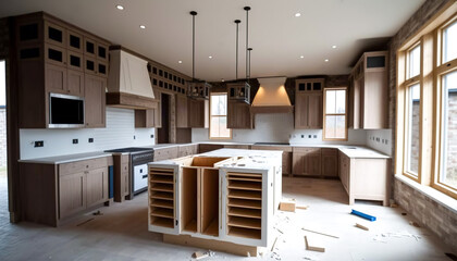 The Contemporary and Functional Design of a Large Modern Kitchen in a New House, Generative AI