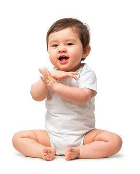 Cute baby in white onesie on transparent background