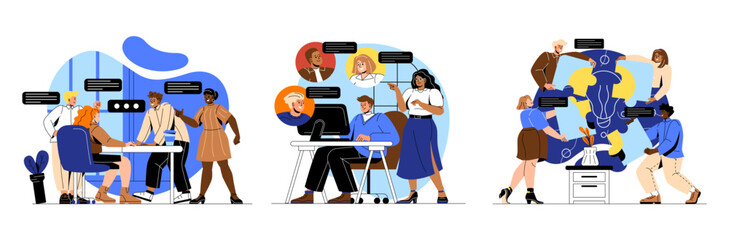 Team communication concept. Men and women company employees or partners at online conference or business meeting. Brainstorming and coming up with creative ideas. Cartoon flat vector collection