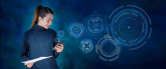 Businesswoman using smartphone touch screen with circles