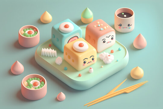 Tiny cute isometric design delicious sushi emoji 3d render made with Generative AI