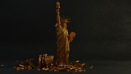 3d rendering of the tarnished golden statue of Liberty. The statue is cut into pieces. There are shards nearby. The idea of testing democracy for strength. The test of time, war and disasters.