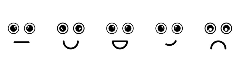 Cute face expressions for cartoon character with big eyes for kids in different moods Happy, Sad, Laugh, Think and Mute emoji set. Face emotions vector illustrations set.