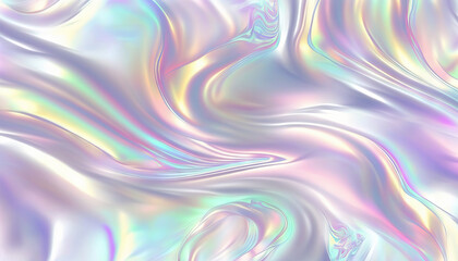 Seamless trendy iridescent rainbow foil texture. Soft holographic pastel unicorn marble background pattern. Modern pearlescent blurry abstract swirl illustration. Generative AI - obrazy, fototapety, plakaty