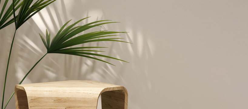 Fototapeta Modern geometric design oak wooden podium, beautiful wood grain, tropical palm tree in sunlight, leaf shadow on blank beige wall for luxury organic cosmetic, skincare, beauty product background 3D