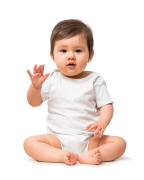 Cute baby in white onesie on transparent background