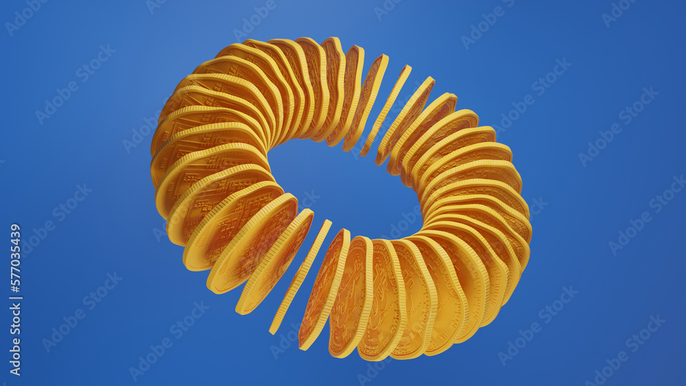 Poster 3d rendering of a lot of bitcoin coins arranged in a circle. yellow coins on a blue background. a be