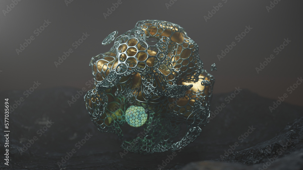 Poster 3d rendering of a mysterious shape with a futuristic design. gold, silver and crystal sphere. a fant