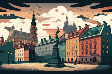 Cloudy day panorama of Warsaw's historic district. Generative AI - obrazy, fototapety, plakaty