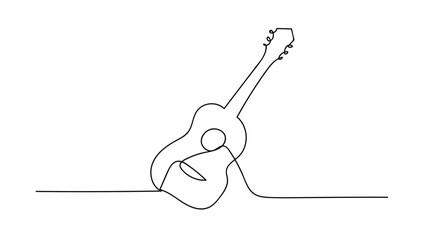 One single line drawing of wooden classic acoustic guitar. Modern stringed music instruments concept continuous line draw design vector illustration graphic