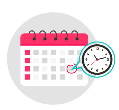 Calendar icon with clock. Icon notice message with clock, agenda symbol with selected important day. Time appointment, reminder date concept, time management. Calendar 