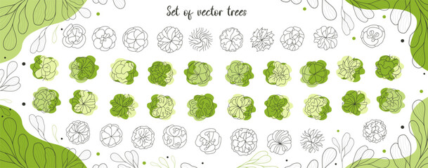 Tree for architectural floor plans. Entourage design. Various trees, bushes, and shrubs, top view for the landscape design plan. Vector illustration.