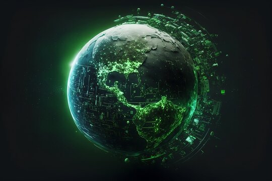 Digital green futuristic globe, viewed from space, in the solar system, in the stars, view of the earth, our planet, ai, cyber, eco, climate, war created with generative ai technology