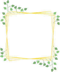 Square frame, golden lines and leaves, vector. Frame of golden squares and green leaves.