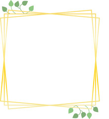 Frame, golden lines and leaves, vector. Frame of golden squares and green leaves.