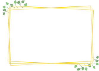 Rectangular frame, golden lines and leaves, vector. Frame of golden rectangles and green leaves.