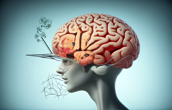 Concept art of brain thinking psychology success and mind , Surreal painting, conceptual 3d illustration, portrait artwork