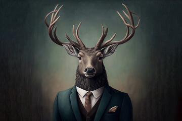 Horned sir deer wearing formal suit on dark colored background. Generative AI