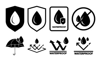 Waterproof icon. Water resistant icons for package. Water drop protection concept. Logo isolated on white background. Vector illustration.