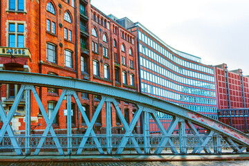 Red brick architecture and bridge in Hamburg Germany
