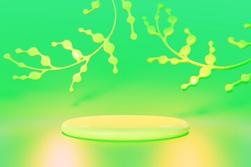 Easter 3d background spring flowers with stage for product commercial. Green light stage backdrop