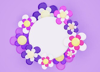Easter 3d render spring flowers white space top view template. Cartoon style festive holiday celebration three dimensional background.