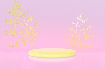 Easter 3d render spring flowers with stage for commercial product showcase. Cartoon style pink light stage backdrop