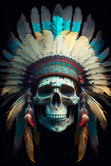 A skull wearing an indian headdress. Generative AI - obrazy, fototapety, plakaty