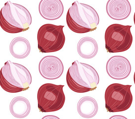 Whole red onion, its cut halves and onion rings. Pattern with food. Seamless pattern in vector. Suitable for printing, backgrounds and prints.