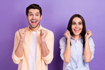 Photo of funny lottery winners couple office workers screaming surprised fists up extra year salary...