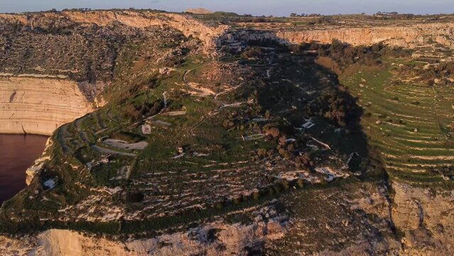 Drone shot of Dingli Cliff in Malta, sunset time