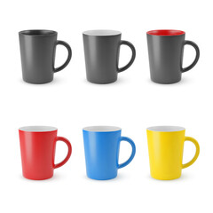 Illustration of Six Realistic Empty Ceramic Coffee Cup or Tea Mug on a White. Mockup with Shadow Effect, and Copy Space for Your Design. For Web Design, and Printing