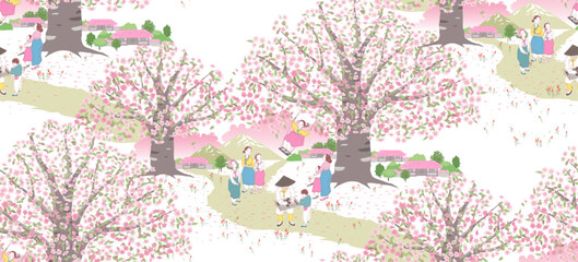 Vector illustration of children swinging under a cherry tree in spring. People in the neighborhood are also depicted watching the flowers.   - 577038886