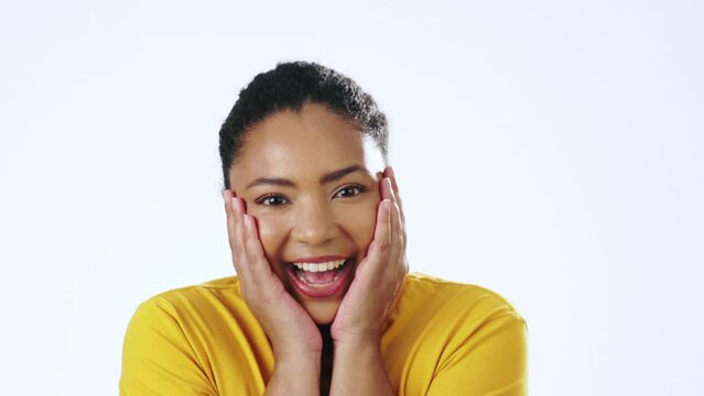 Black woman, face and surprise of a young person with shock from sale or announcement. Happy, excited and scream of a model with shocked emoji gesture and wow emotion in a white background studio