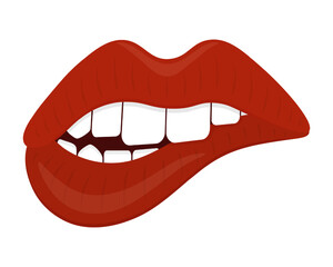 Bite your lip. Red lipstick on lips. Her teeth bit her bottom lip. Seductive mouth. Color vector illustration. Flat style. Sensual bite. Isolated background. Idea for web design, invitations, postcard