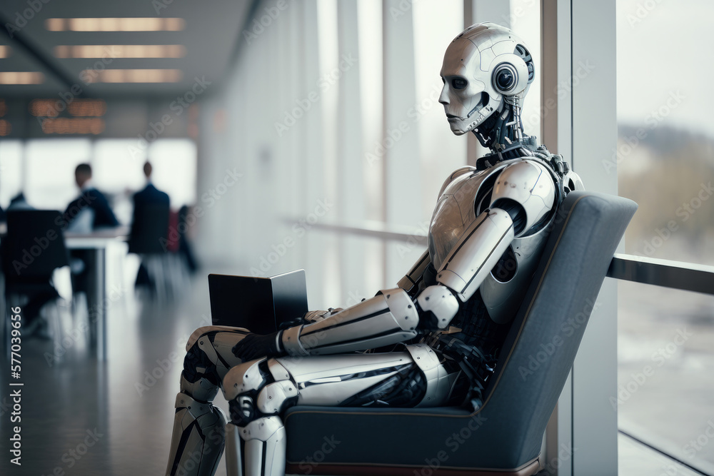Poster a robot waiting in a modern office for a job interview. ai artificial intelligence technology at wor