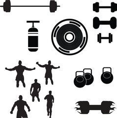 Fototapeta na wymiar fitness, gym, sport, workout, gym body, vector isolated icons set gym silhouette, dumbbell, Gym instrument