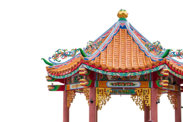 Chinese style pavilion with orange roof Decorated with dragon and Chinese motifs isolated on transparent background, PNG File