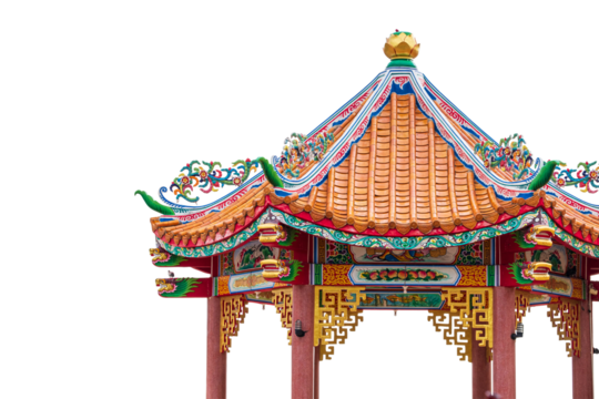 Chinese style pavilion with orange roof Decorated with dragon and Chinese motifs isolated on transparent background, PNG File - Powered by Adobe