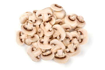 Sliced Champignons, close-up, isolated on white background.