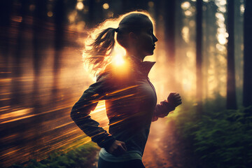 Lady trail runner running in forest at sunrise with abstract bokeh light through trees