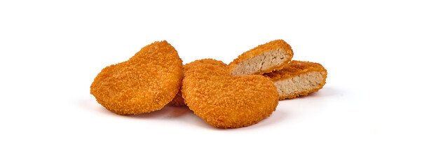 Breaded chicken nuggets, isolated on white background.