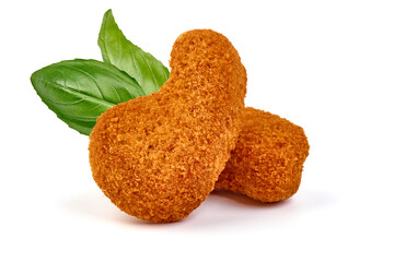 Deep fried chicken fillet in breadcrumbs, isolated on white background.