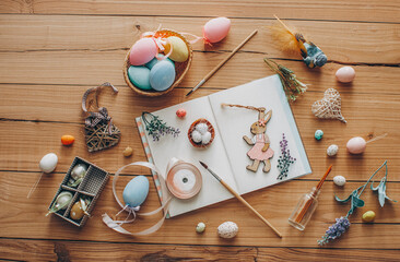 Fototapeta na wymiar Easter concept. Eggs. Wooden table. Easter decor. Colored eggs.