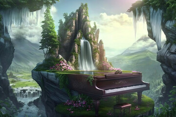 Beautiful surreal piano in a magical fantasy landscape, sound of music, Generative AI - obrazy, fototapety, plakaty