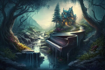 Beautiful surreal piano in a magical fantasy landscape, Generative AI